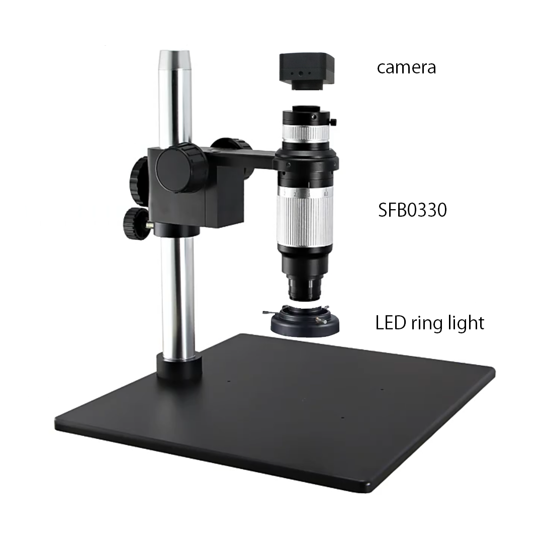 【SFB0330】アポクロマート仕様-単眼ズームデジタル顕微鏡/パラレル光学系/LEDリングライト/標準スタンド/4Kカメラ